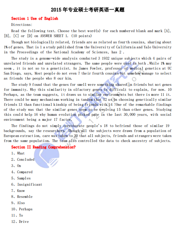 2015年專(zhuān)業(yè)碩士考研英語(yǔ)一真題